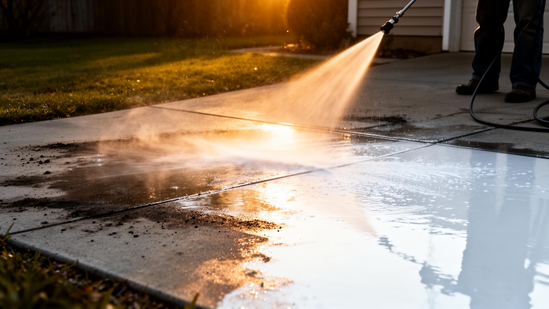 Pressure washing a driveway at golden hour